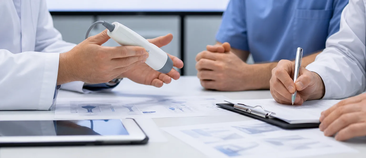 Clinicians reviewing a medical device during an Owl Innovations clinical panel session.