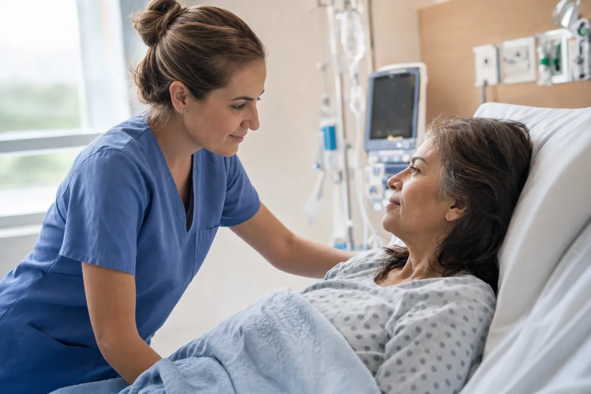A nurse providing attentive bedside care to a patient in a hospital room.